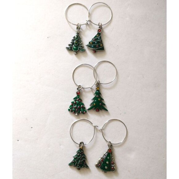 Christmas Tree Wine Glass Markers Charms Set Of 6 Rhinestones Enameled Metal.  - Picture 6 of 14